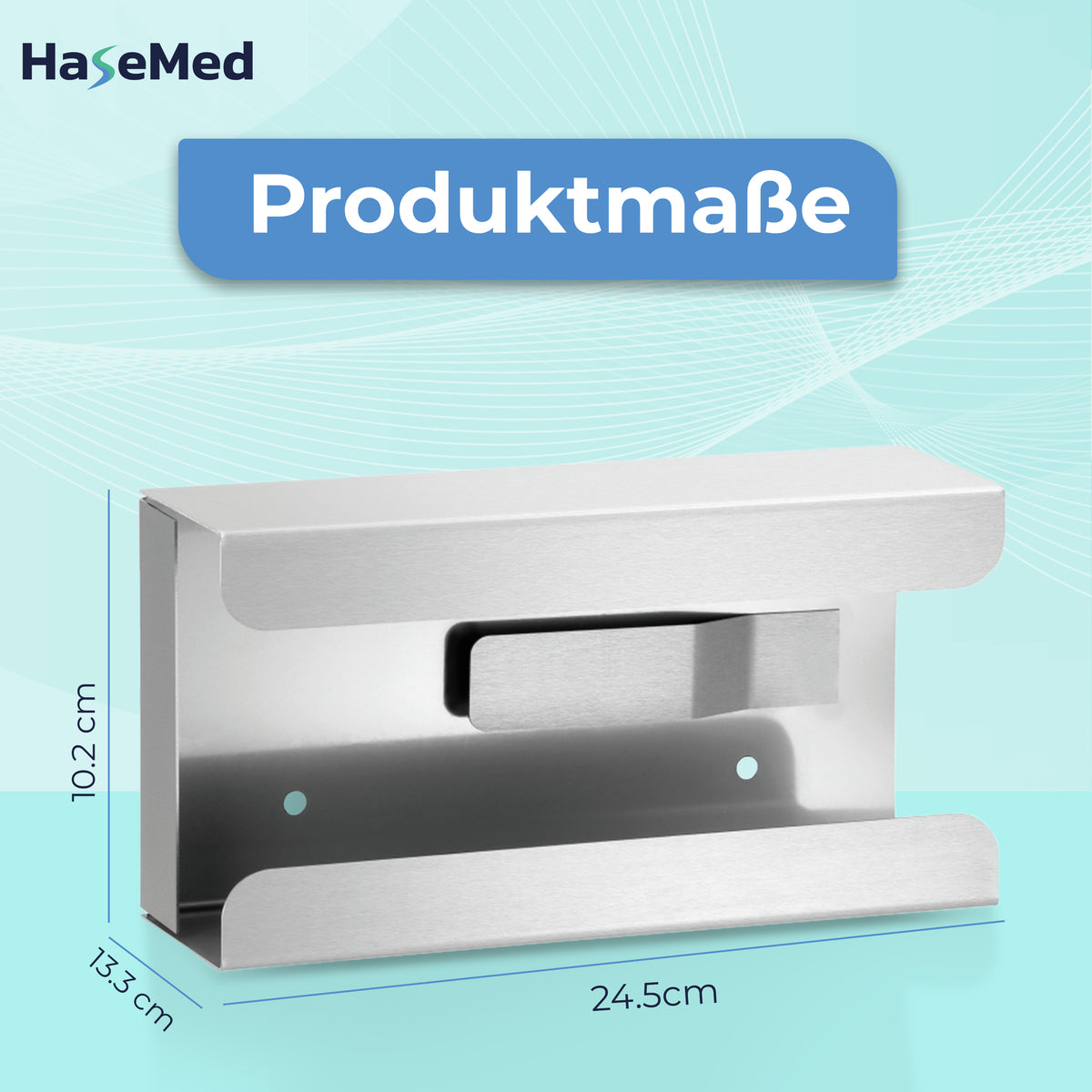 Stainless steel HaseMed HAS-30 holder with spring for one glove box, shown with dimension annotations. One holder supplied.