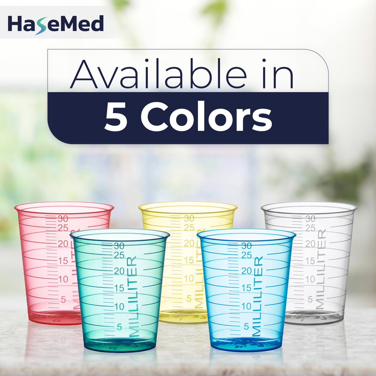 Gelas obat HaseMed 30 ml dalam lima pilihan warna. Setiap kemasan berisi 80 gelas dengan satu warna yang dipilih, tanpa tutup.