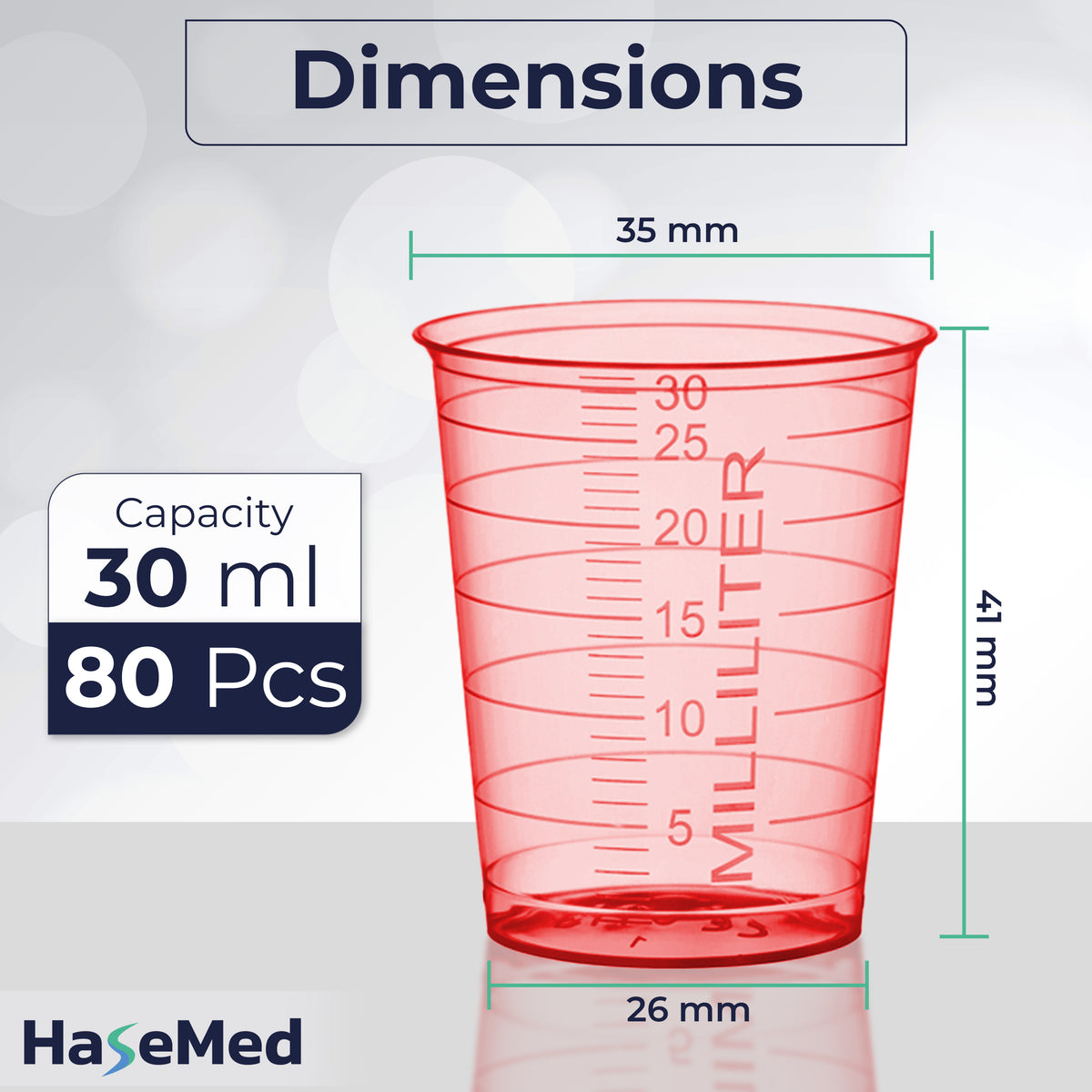 Gambar ukuran satu gelas obat HaseMed 30 ml. Warna: merah. Dijual sebagai 80 gelas dalam satu warna pilihan, tanpa tutup.