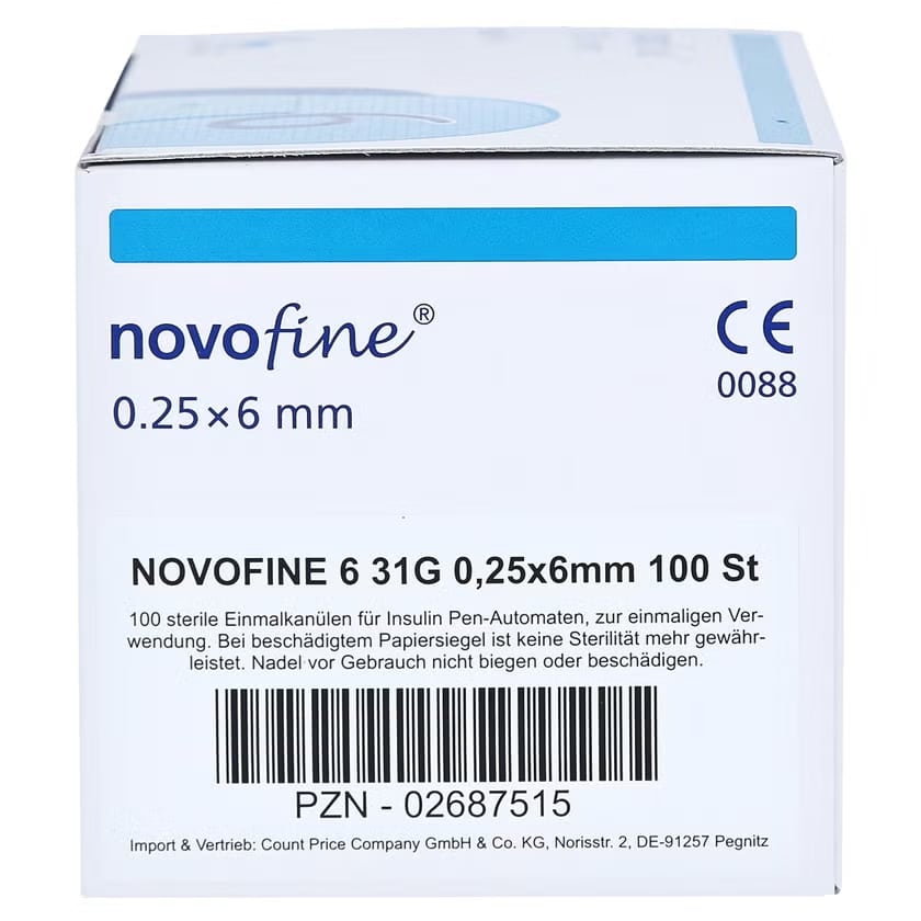 NovoFine 31G Pen Needles, 6mm, 1 Pack = 100 Pieces