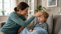 Parent checking forehead temperature of a tired child with slightly red eyes - adenovirus symptoms in children | parahealth
