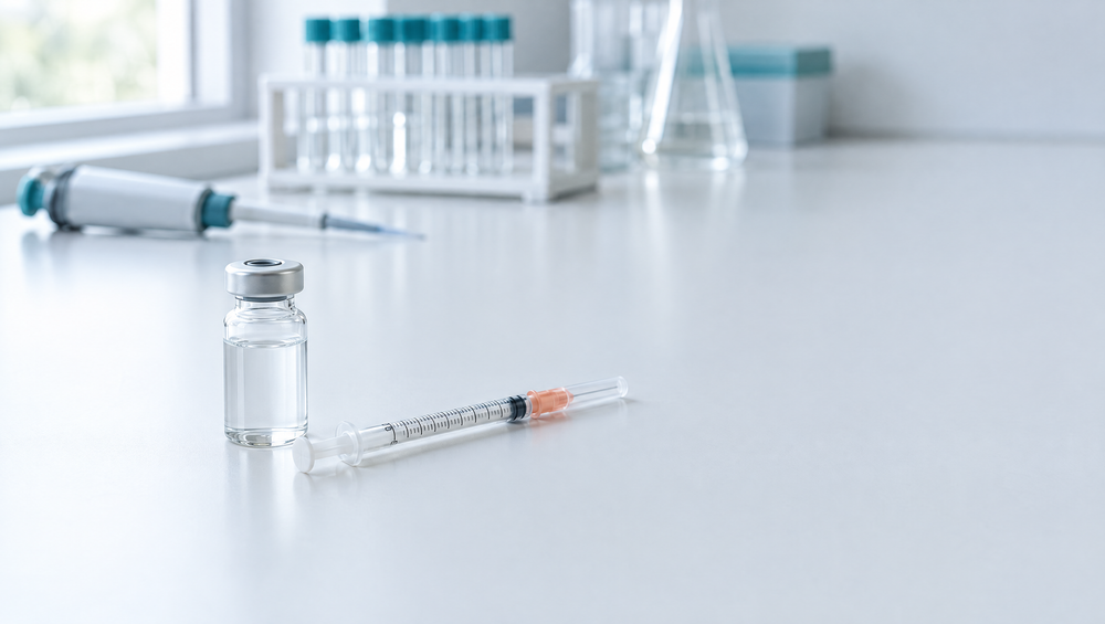 Unlabeled glass vial and U-100 insulin syringe on a white laboratory bench with laboratory glassware in the background