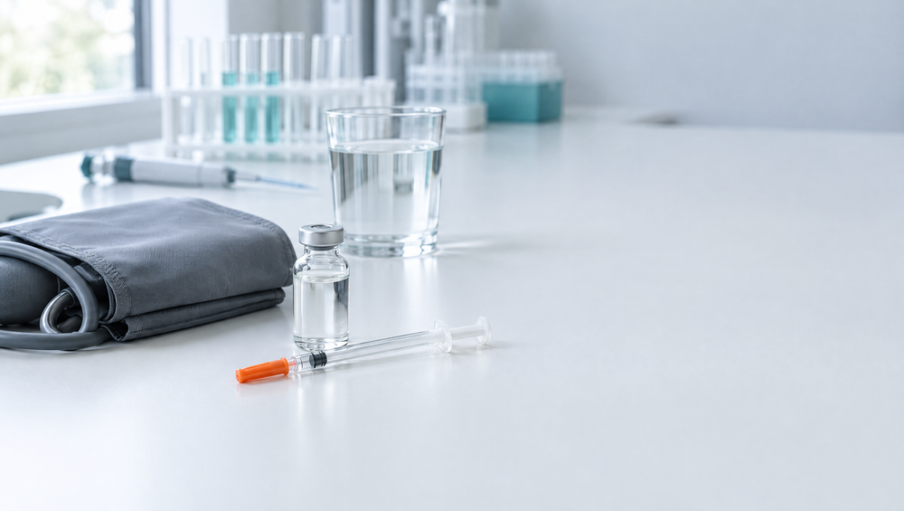 Unlabeled glass vial, U-100 insulin syringe, blood pressure cuff and a glass of water on a white laboratory bench