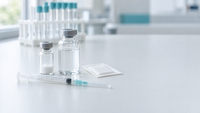 Unlabeled vial with lyophilized powder, a bottle of clear solvent, a syringe and an alcohol swab on a white laboratory bench