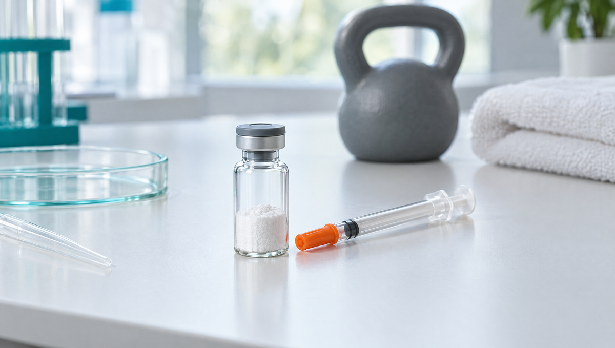 Unlabeled vial of lyophilized peptide powder, a U-100 insulin syringe and a kettlebell on a white laboratory bench