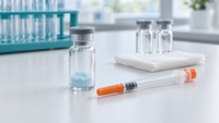 Unlabeled vial with pale blue lyophilized peptide powder, a U-100 insulin syringe and sterile gauze on a white laboratory bench