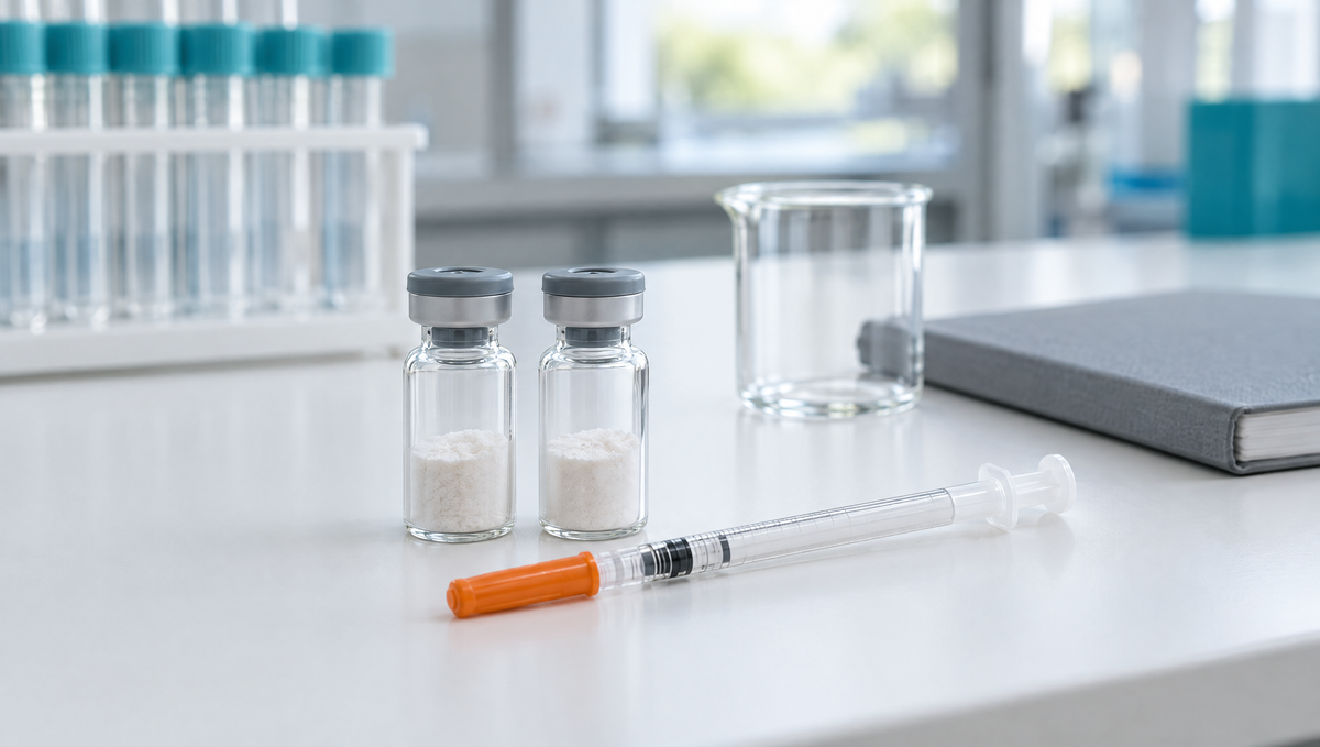 Dos viales sin etiqueta de polvo peptídico liofilizado, una jeringa de insulina U-100, un vaso de precipitados y un cuaderno sobre una mesa blanca de laboratorio