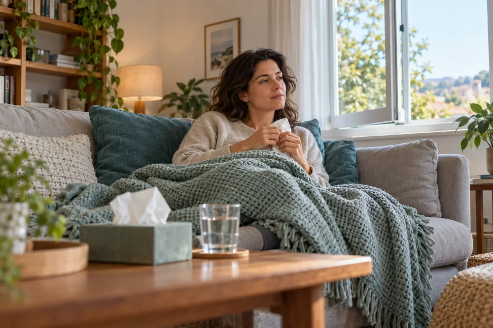 An adult sitting on a sofa with a blanket, tissues and a glass of water.