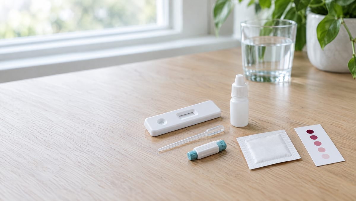 Vitamin-D-Testkit für zu Hause auf einem Holztisch: Testkassette, Pufferflasche, Kapillarpipette, Lanzette, Alkoholtupfer, Farbkarte