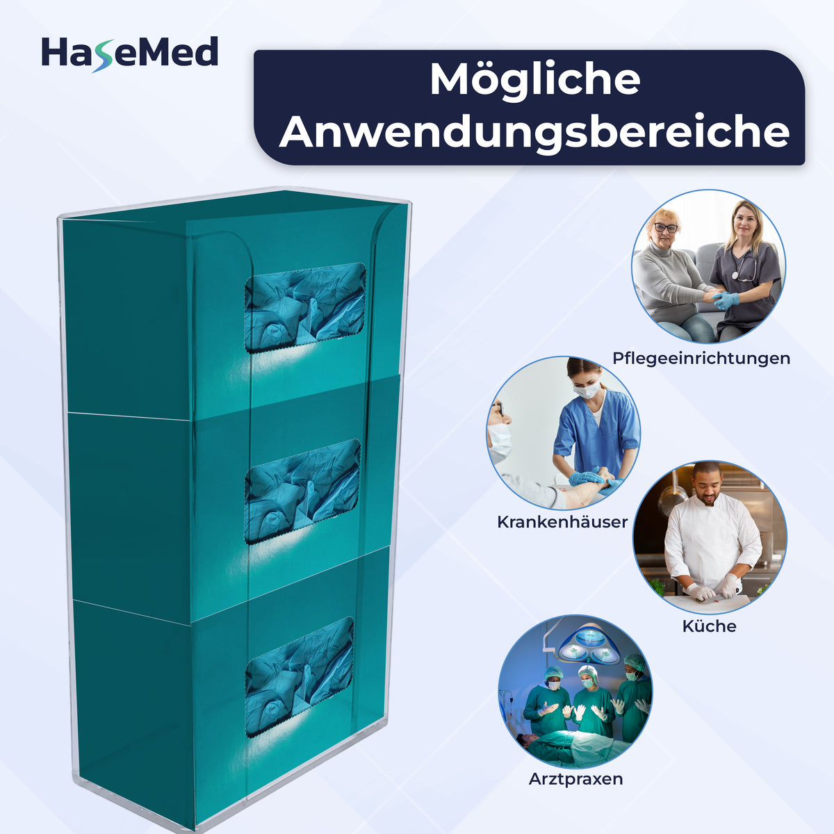 Acrylic HaseMed HAS-35 holder with spring for three glove boxes, shown with boxes and examples of use. One holder supplied. Gloves and boxes not included.