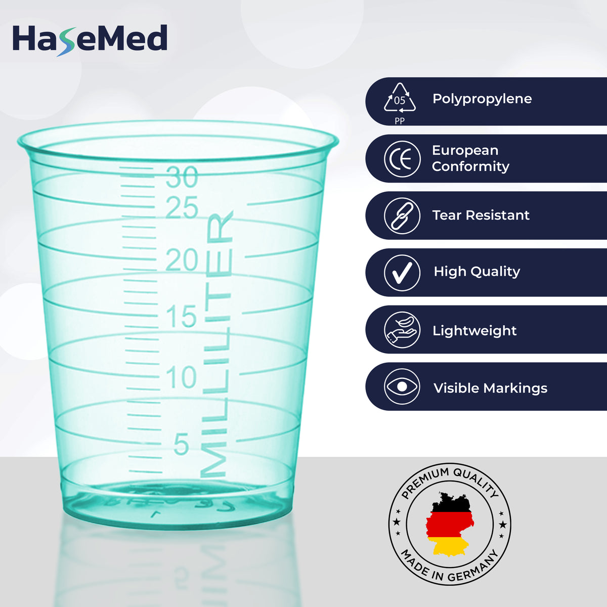 Gambar fitur gelas obat HaseMed 30 ml. Warna: hijau. Dijual sebagai 80 gelas dalam satu warna pilihan, tanpa tutup.