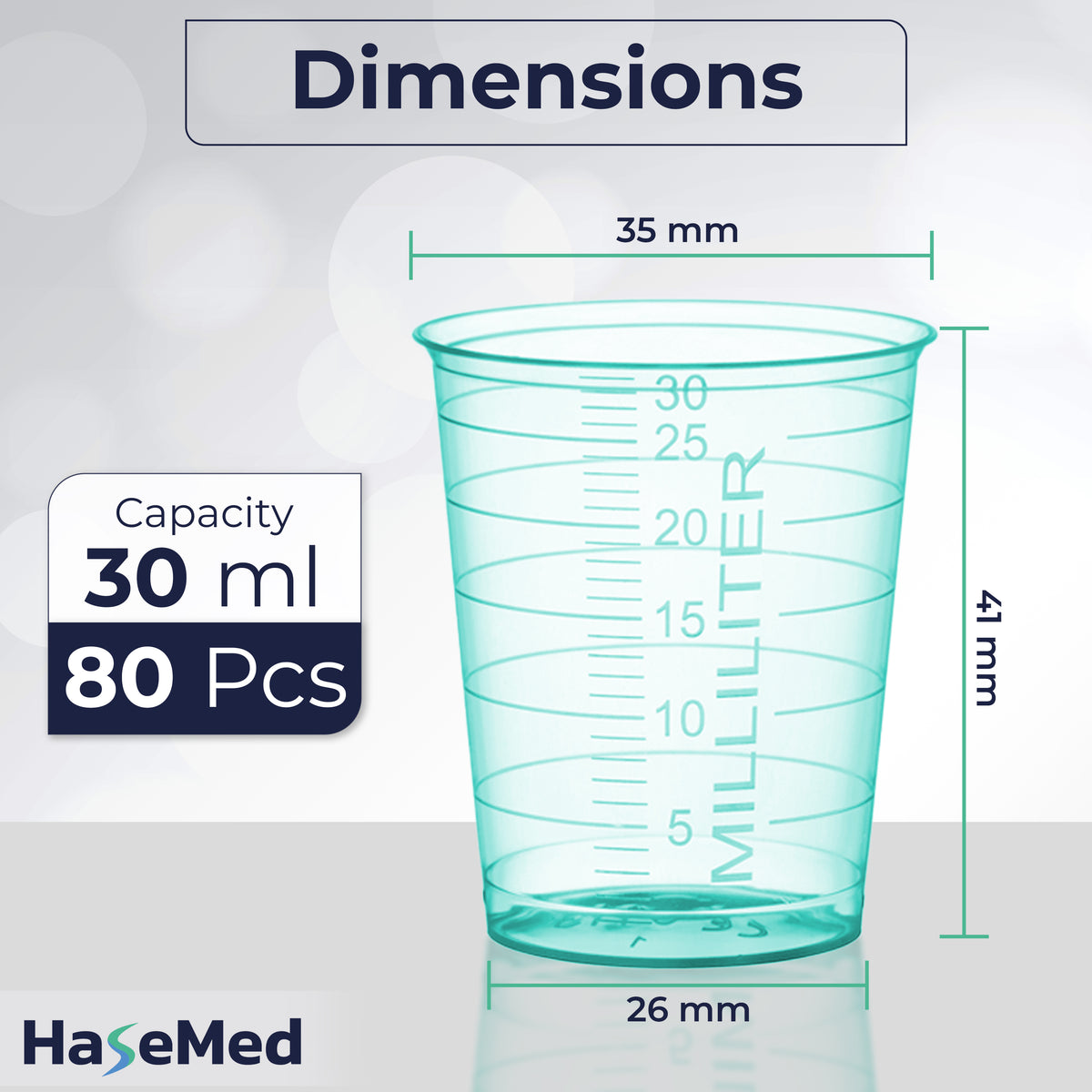 Gambar ukuran satu gelas obat HaseMed 30 ml. Warna: hijau. Dijual sebagai 80 gelas dalam satu warna pilihan, tanpa tutup.