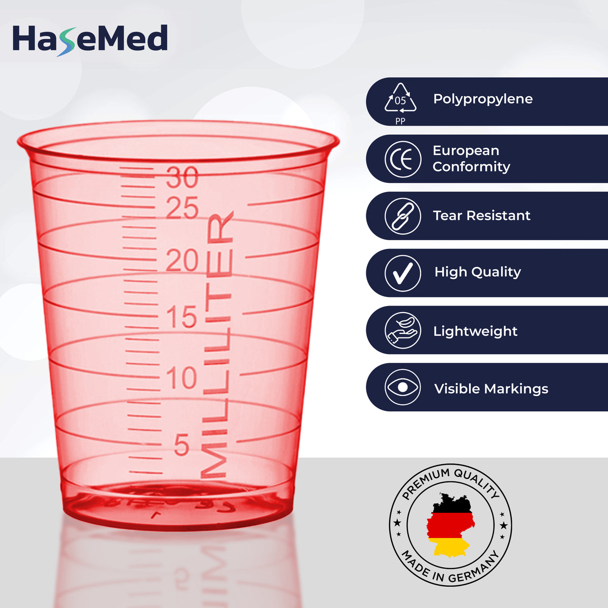 Gambar fitur gelas obat HaseMed 30 ml. Warna: merah. Dijual sebagai 80 gelas dalam satu warna pilihan, tanpa tutup.
