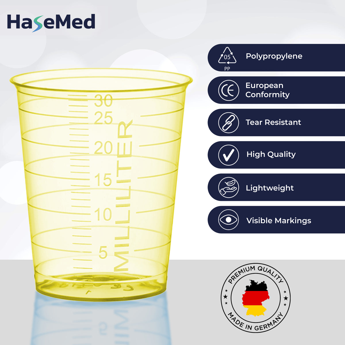 Gambar fitur gelas obat HaseMed 30 ml. Warna: kuning. Dijual sebagai 80 gelas dalam satu warna pilihan, tanpa tutup.