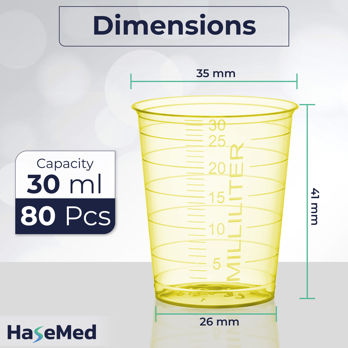 Gambar ukuran satu gelas obat HaseMed 30 ml. Warna: kuning. Dijual sebagai 80 gelas dalam satu warna pilihan, tanpa tutup.